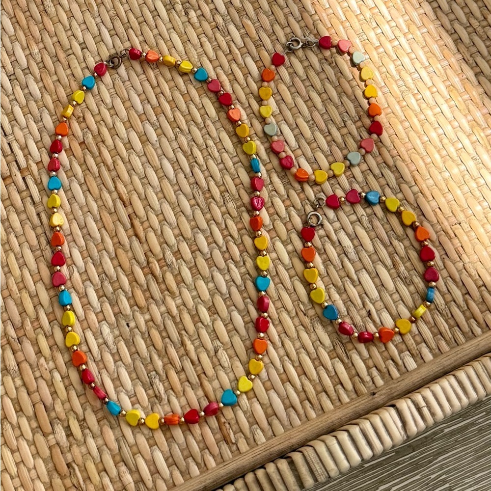 Vintage Colorful Heart Bead Necklace and Bracelet Set